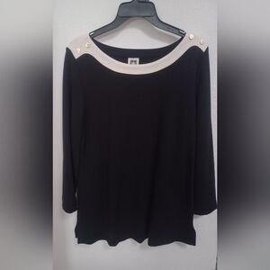 Anne Klein Sleeve Long Top Size M Black & White, Gold Button